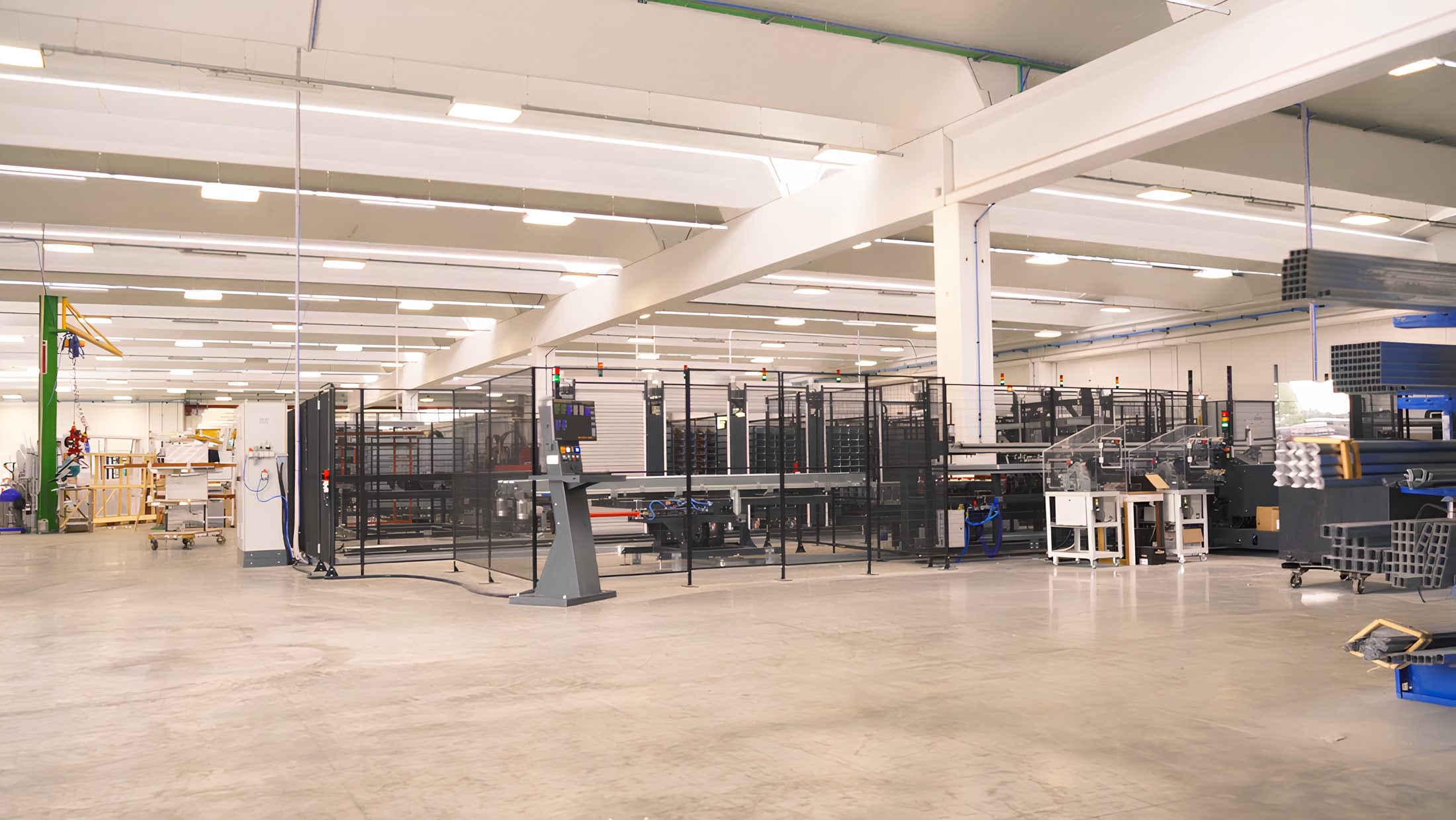 Reparto produttivo interno con linee e magazzino profili